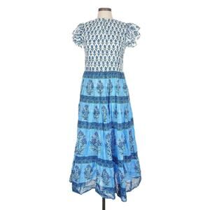 Bindu Bella Dress Cornflower Print Blue Midi Cotton India L